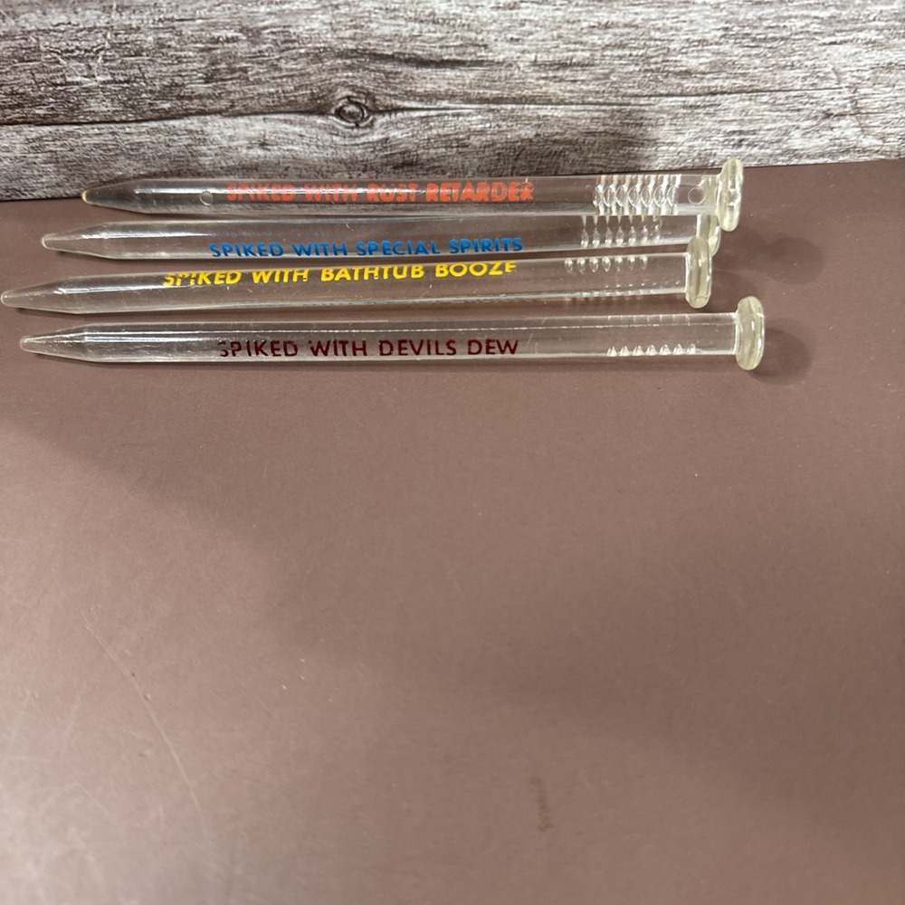 4 Clear Spiked Nail Shaped Cocktail Stirrer Funny Sayings Drink Swizzle Stick